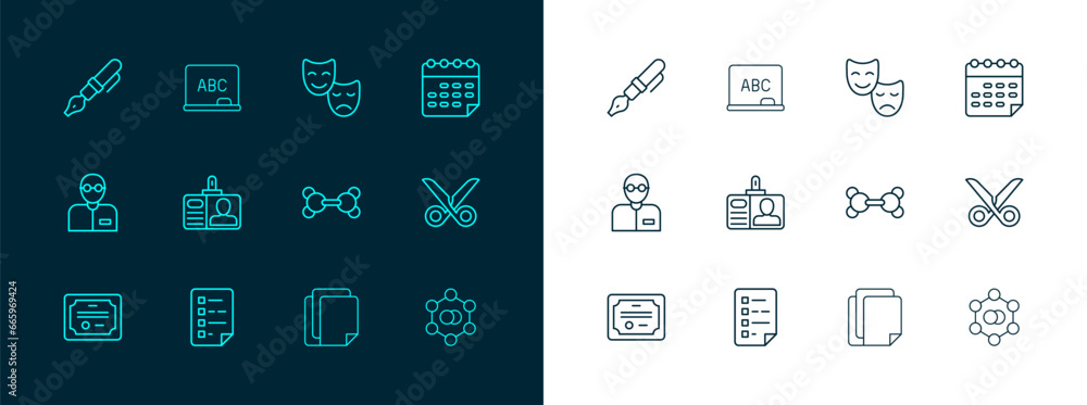 Set line School timetable, Clipboard with checklist, Molecule, File document, Identification badge, Comedy and tragedy masks, Fountain pen nib and Chalkboard icon. Vector Set line School timetable, Clipboard with checklist, Molecule, File document, Identification badge, Comedy and tragedy masks, Fountain pen nib and Chalkboard icon. Vector