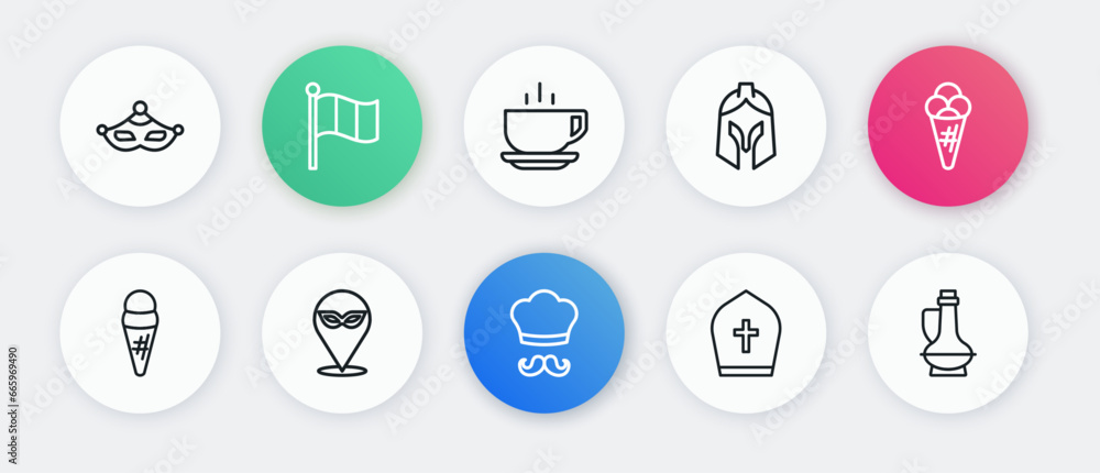 Set line Italian cook, Ice cream in waffle, Pope hat, Roman army helmet, Coffee cup, Bottle olive oil and Carnival mask icon. Vector Set line Italian cook, Ice cream in waffle, Pope hat, Roman army helmet, Coffee cup, Bottle olive oil and Carnival mask icon. Vector