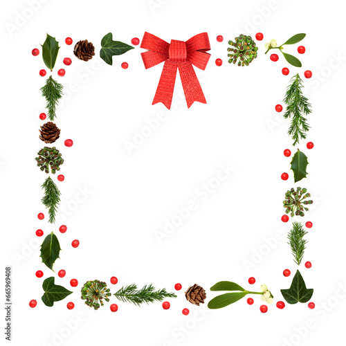 Christmas greenery, red bow, holly berry abstract background frame on white. Traditional flora design element for greeting card, gift tag, label, invitation, menu.
