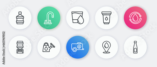 Set line Mobile water tank, Recycle clean aqua, Water cooler, drop with location, filter cartridge, Glass, Bottle of and Watering can icon. Vector