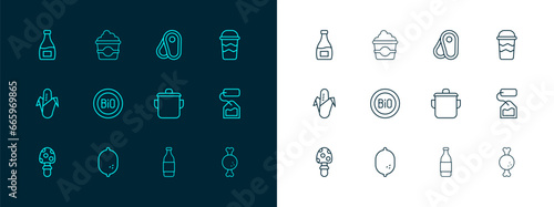 Set line Coffee cup to go, Lemon, Cooking pot, Bottle wine, Banner for bio, Steak meat, Sauce bottle and Popcorn cardboard box icon. Vector