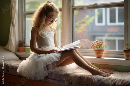 6 year old girl sits on windowsill, wearing ballet clothes, reading book, glasses on feet, ballet shoes