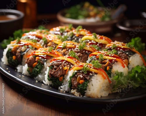 Gimbap or kimbap, korean stuffed rolls, traditional asian food. Dark background, ai generated