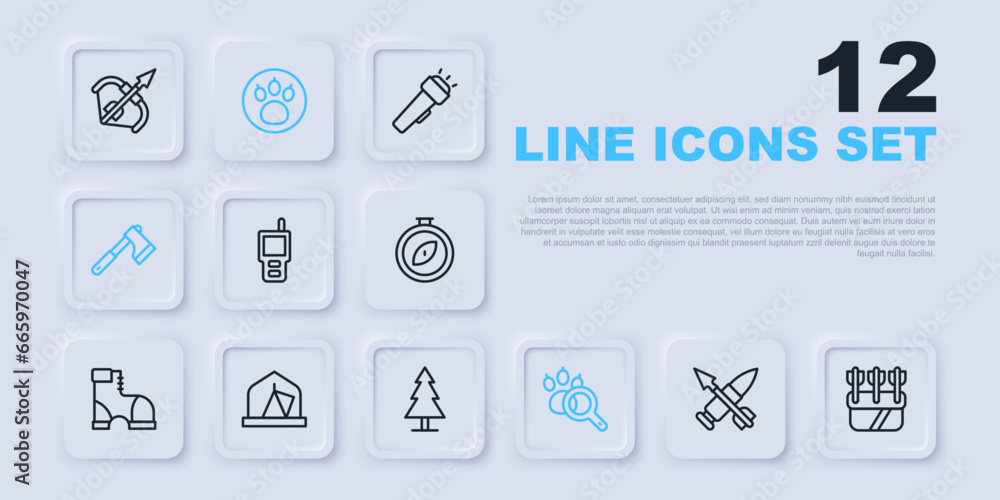 Set line Crossed bullet with arrow, Quiver arrows, Walkie talkie, Paw search, Wooden axe, Tourist tent, and Tree icon. Vector Set line Crossed bullet with arrow, Quiver arrows, Walkie talkie, Paw search, Wooden axe, Tourist tent, and Tree icon. Vector
