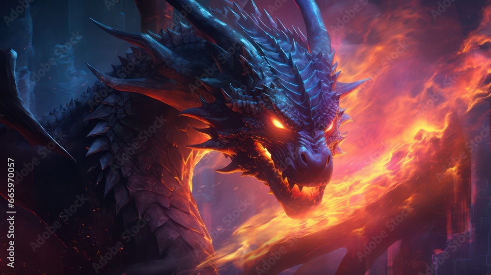 Dragons head with glowing eyes and fire created with Generative AI Dragons head with glowing eyes and fire created with Generative AI
