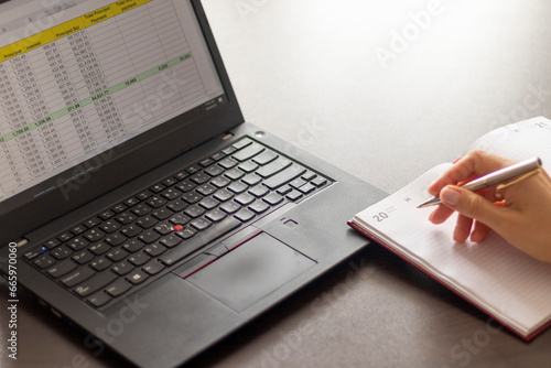 Shot of a woman working on the laptop showing an excel sheet on the screen with bank loan amortization table. Finance