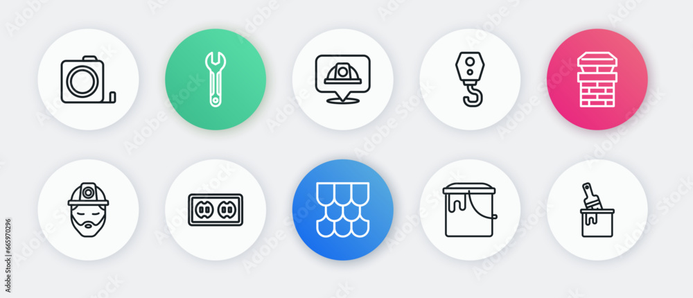 Set line Roof tile, Chimney, Builder, Paint bucket, Crane hook, Worker safety helmet, with brush and Electrical outlet icon. Vector Set line Roof tile, Chimney, Builder, Paint bucket, Crane hook, Worker safety helmet, with brush and Electrical outlet icon. Vector