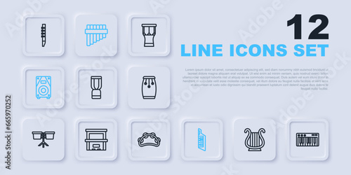 Set line Ancient Greek lyre, Music synthesizer, African djembe drum, Keytar, Stereo speaker, Piano, Pan flute and Tambourine icon. Vector