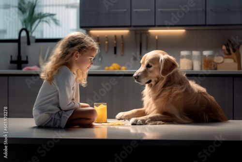 Beautiful little girl is posing with a golden retriever dog at the kitchen table. Cute baby and her pet preparing for breakfast at home. Happy smiling girl and puppy enjoy their time spent together.