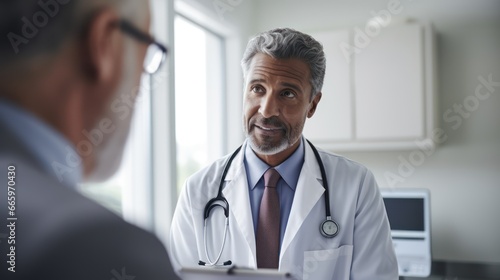 doctor consulting a patient in meeting in hospital for healthcare feedback or support. Happy, medical or nurse with a mature person talking or speaking of test results or advice