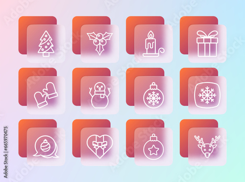 Set line Gift box  Christmas ball  snowman  Burning candle  tree and Branch viburnum icon. Vector