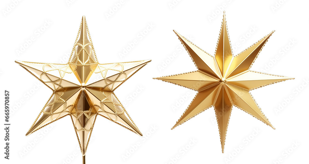 Obraz premium Christmas decorations gold stars on white transparent background