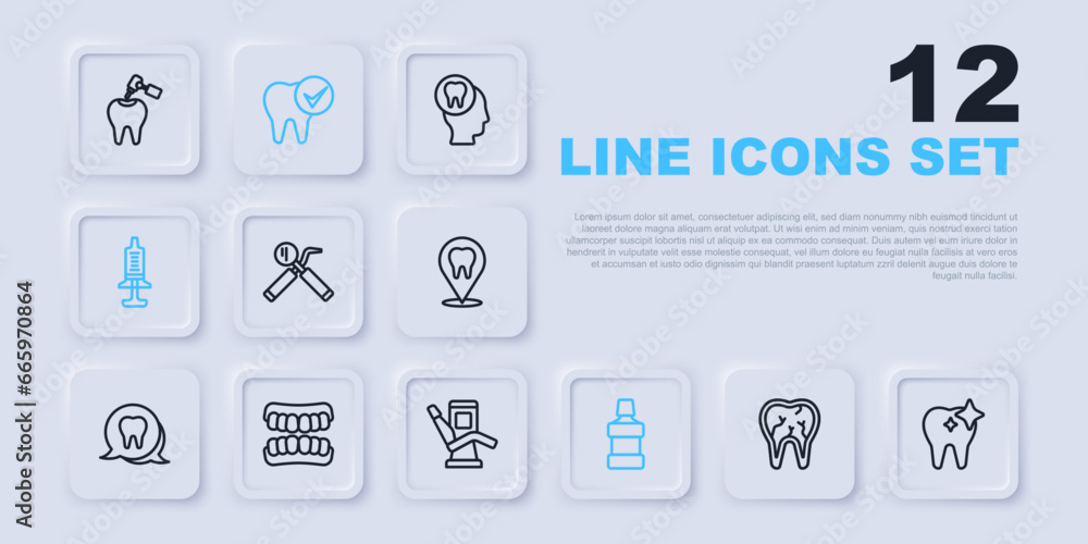 Set line Broken tooth, Tooth whitening, Dental mirror and probe, Mouthwash, Syringe, Dentures model, and Medical dental chair icon. Vector Set line Broken tooth, Tooth whitening, Dental mirror and probe, Mouthwash, Syringe, Dentures model, and Medical dental chair icon. Vector