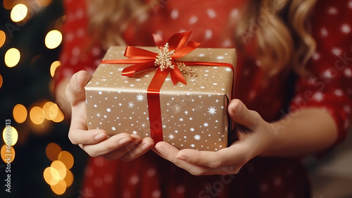 Female Hands Holding a Stack of Gifts with Ribbons and Decorations, Christmas Gift. Generative AI