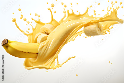 Banana Smoothie Splash on white background. Banana Juice. Banana Milk Shake