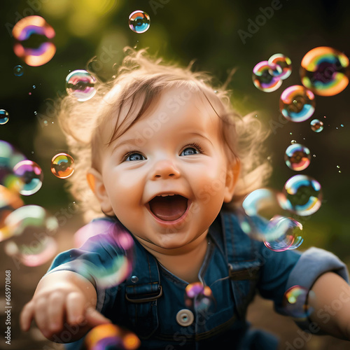 Photo of a baby's excitement while playing with colorful bubbles, captured with a portrait lens Generative AI