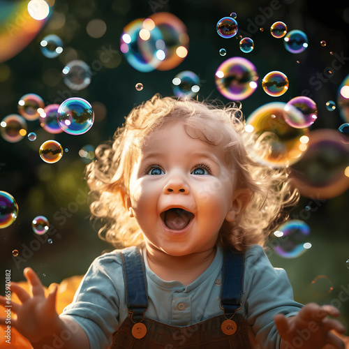 Photo of a baby's excitement while playing with colorful bubbles, captured with a portrait lens Generative AI