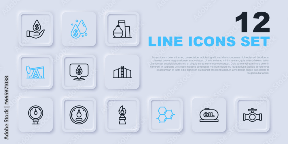 Set line Oil tank storage, pipe with valve, drop dollar symbol, Molecule oil, pump pump jack, Motor gas gauge, and rig fire icon. Vector Set line Oil tank storage, pipe with valve, drop dollar symbol, Molecule oil, pump pump jack, Motor gas gauge, and rig fire icon. Vector