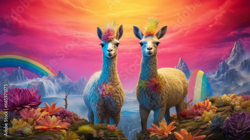 Fantasy abstract art of two lamas in rainbow colors