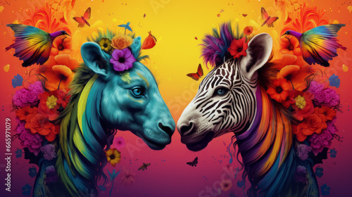 Fantasy abstract art of two zebras in rainbow colors