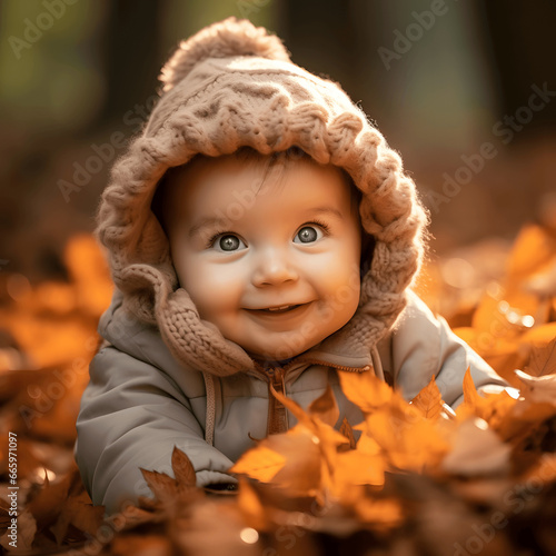 Photo of a baby's first encounter with autumn leaves, captured with a fast prime lens Generative AI