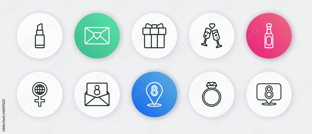 Set line 8 March, Champagne bottle, International Women Day, Diamond engagement ring, Glass of champagne, Gift box and heart, and Envelope with icon. Vector Set line 8 March, Champagne bottle, International Women Day, Diamond engagement ring, Glass of champagne, Gift box and heart, and Envelope with icon. Vector
