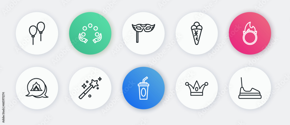 Set line Paper glass with water, Circus fire hoop, tent, Jester hat bells, Ice cream in waffle, Festive mask, Bumper car and Magic wand icon. Vector Set line Paper glass with water, Circus fire hoop, tent, Jester hat bells, Ice cream in waffle, Festive mask, Bumper car and Magic wand icon. Vector