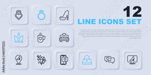 Set line Heart in speech bubble, Woman shoe, Coffee cup and heart, Handbag, King crown, Diamond, engagement ring and Mobile with icon. Vector