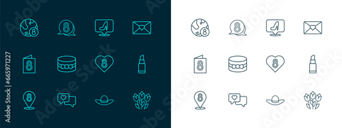 Set line Envelope with 8 March, Heart in speech bubble, Elegant women hat, Gift box and heart, Woman shoe, International Women Day and icon. Vector