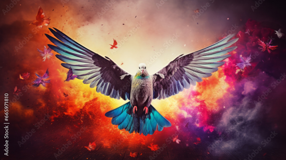 A white pigeon with rainbow colors