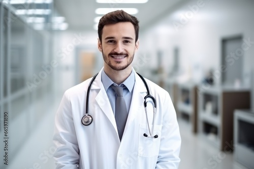 portrait of smiling doctor with blur hospital background 