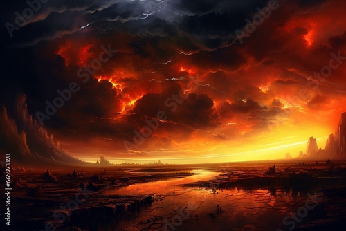 Illustration of fiery storm in sky over desolate landscape, perfect for artistic wallpaper. Generative AI