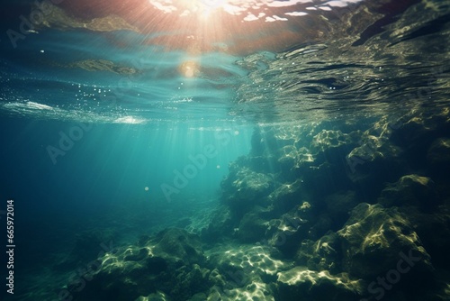 Underwater ocean with water surface touching ocean floor. Generative AI