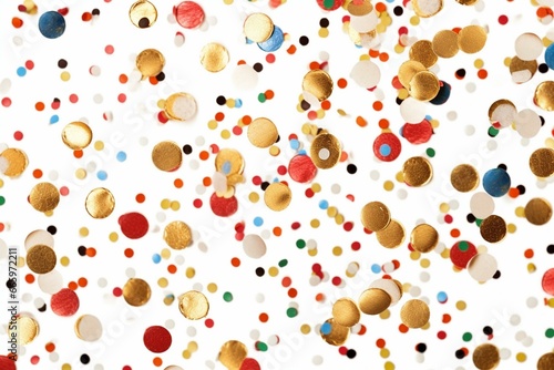 A festive scene of glittering Christmas confetti falling on a white background. Generative AI