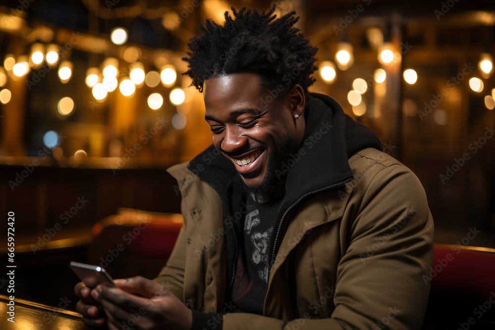 Young African American man in dark jacket sits in a cosy cafe among candles and lights with smartphone in his hands. Handsome guy reading or texting a message on his mobile phone. Always in touch.