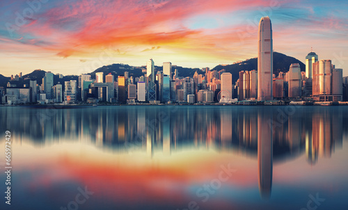 Hong Kong skyline at sunrise from kowloon side, Victoria harbour