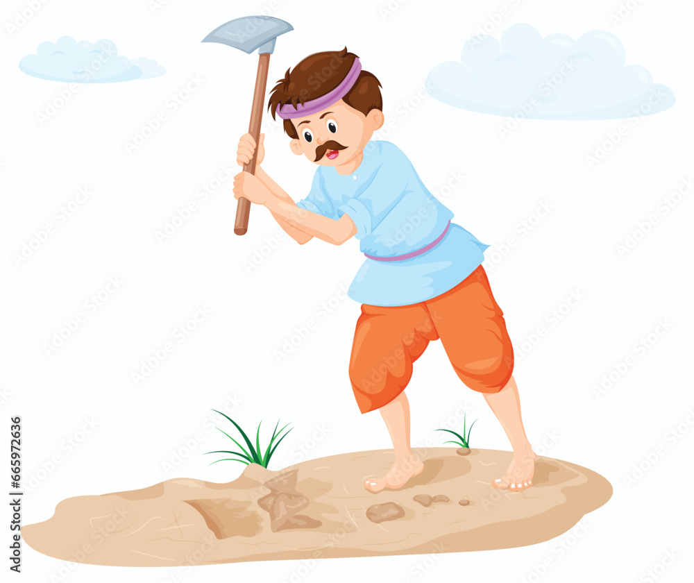 The Farmar doing agricultural activity digging in the farm with a spade