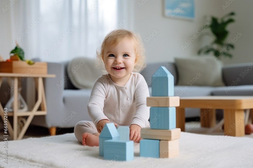 Child plays with colorful building blocks in his living room Child plays with colorful building blocks in his living room