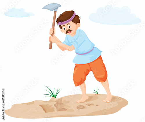 The Farmar doing agricultural activity digging in the farm with a spade