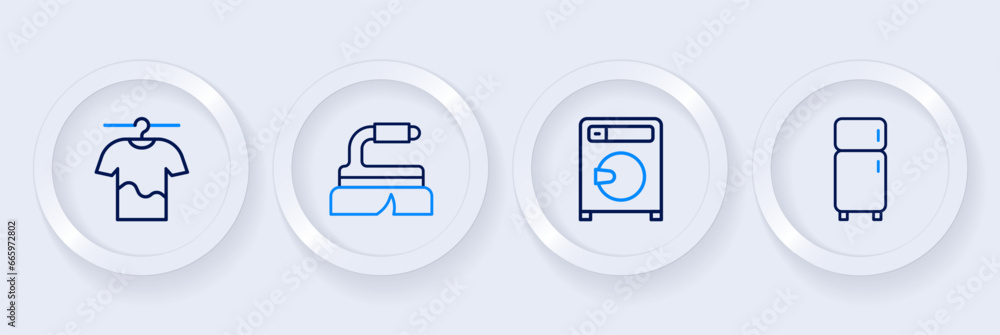 Set line Refrigerator, Washer, Brush for cleaning and Drying clothes icon. Vector