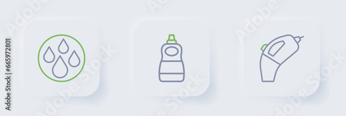 Set line Portable vacuum cleaner, Dishwashing liquid bottle and Water drop icon. Vector