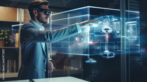 Mature businessman wearing VR glasses in office with modern hologram information 