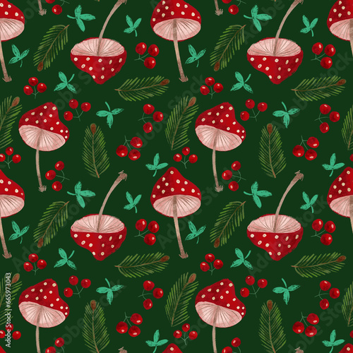 Cartoon mushrooms, fir branches and red berries.