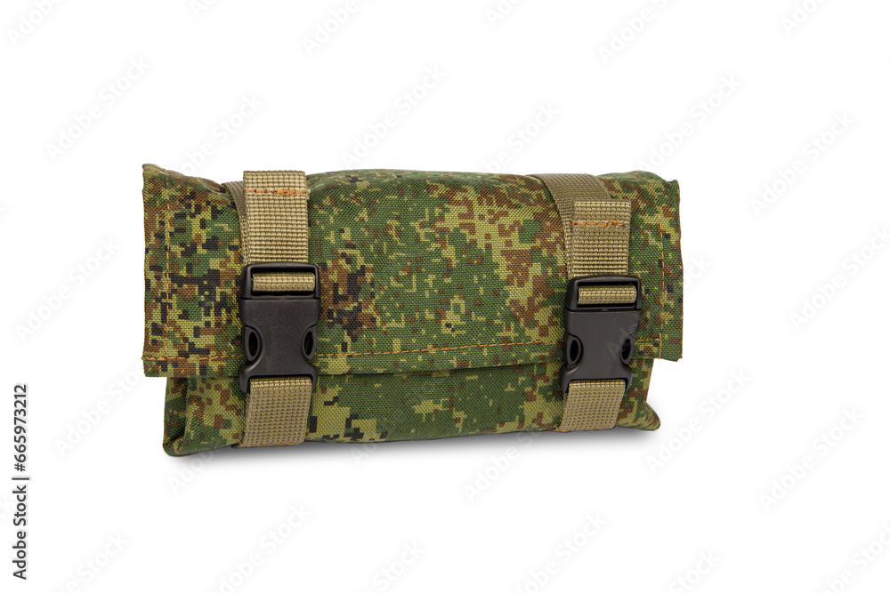 Obraz premium The rifle cartridge bag in folded form. Isolated on white. Camouflage pattern. 