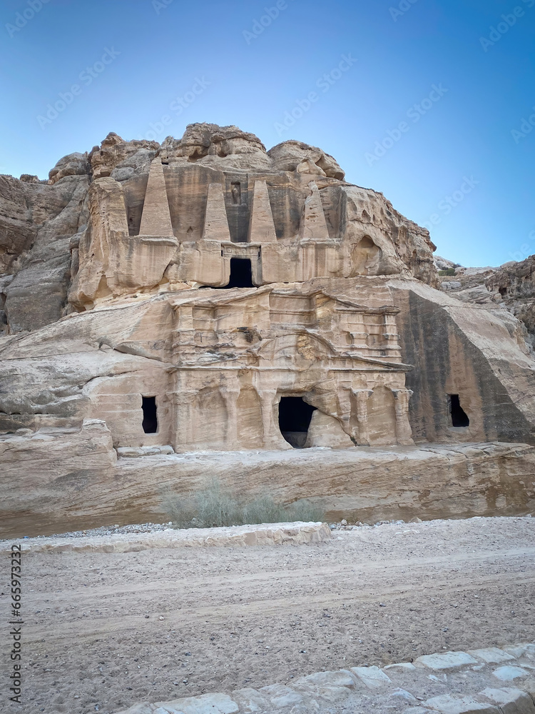 Bab al siq with Triclinium and Obelisk Tomb  in the historic and archaeological city of Petra in Jordan