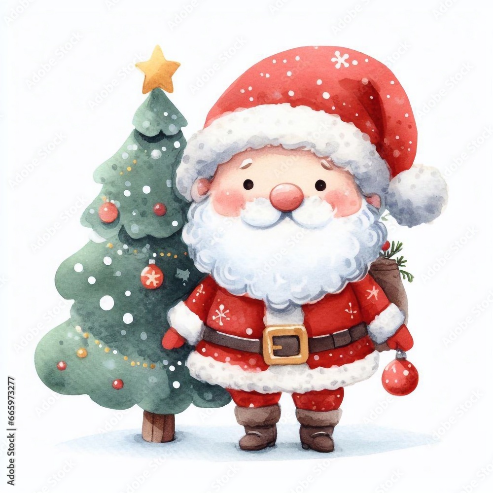 Weihnachtsmann vor einem Weihnachtsbaum stehend Weihnachtsmann vor einem Weihnachtsbaum stehend