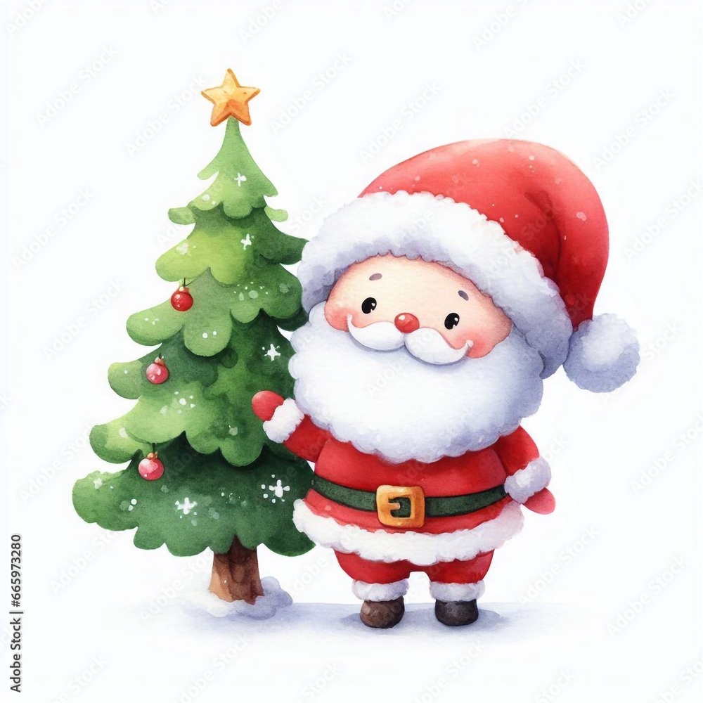 Weihnachtsmann vor einem Weihnachtsbaum stehend Weihnachtsmann vor einem Weihnachtsbaum stehend