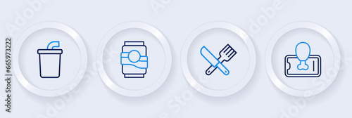 Set line Food ordering on mobile, Crossed knife and fork, Soda can and Paper glass with water icon. Vector
