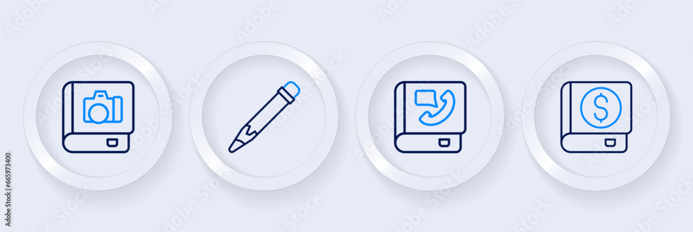 Set line Financial book, Phone, Pencil with eraser and Photo album gallery icon. Vector Set line Financial book, Phone, Pencil with eraser and Photo album gallery icon. Vector