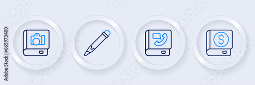 Set line Financial book, Phone, Pencil with eraser and Photo album gallery icon. Vector
